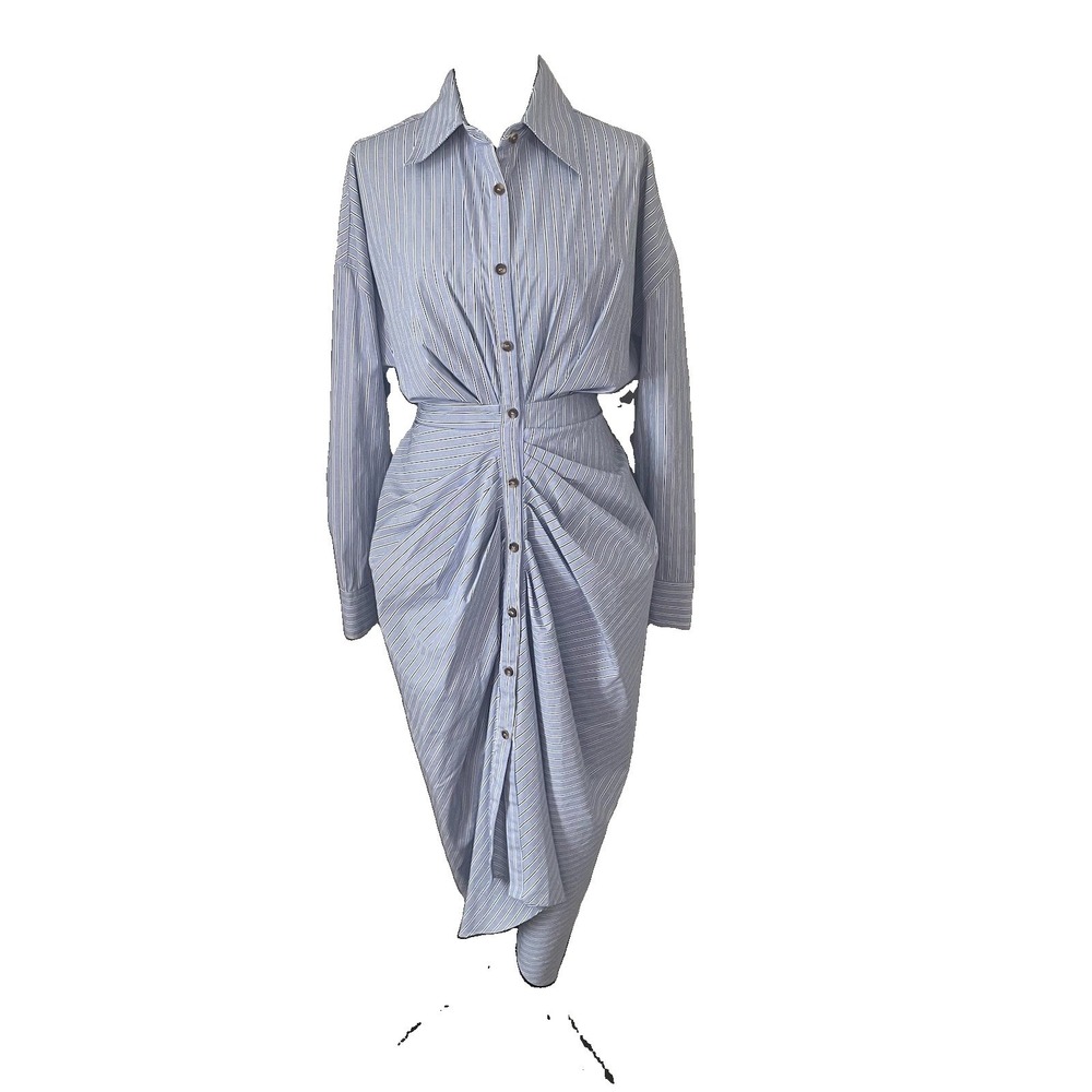 MABLE Sz M Blue/Multi Striped Midi Shirt Dress Front Tie Long Sleeve Coastal - Picture 2 of 15